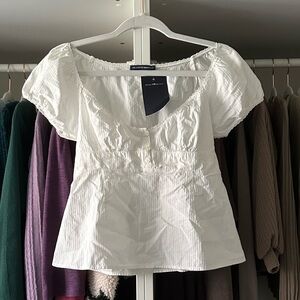 Brandy Melville Babydoll Blouse White Short Sleeve with Border